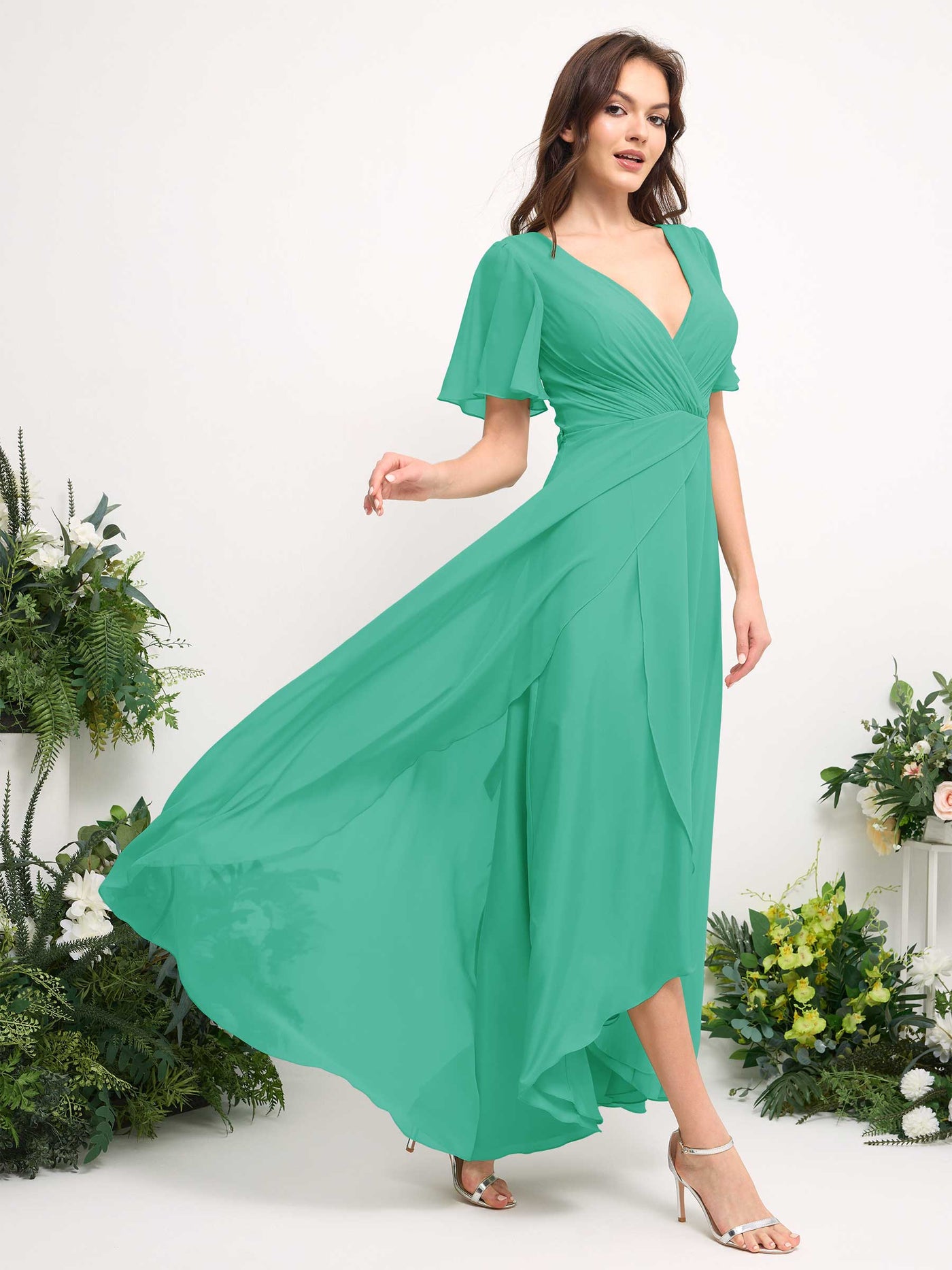 Carlyna Robe Trapèze Mousseline Col V Longueur ras du sol Robe de demoiselle d'honneur Bleu Tiffany #couleur_bleu-tiffany