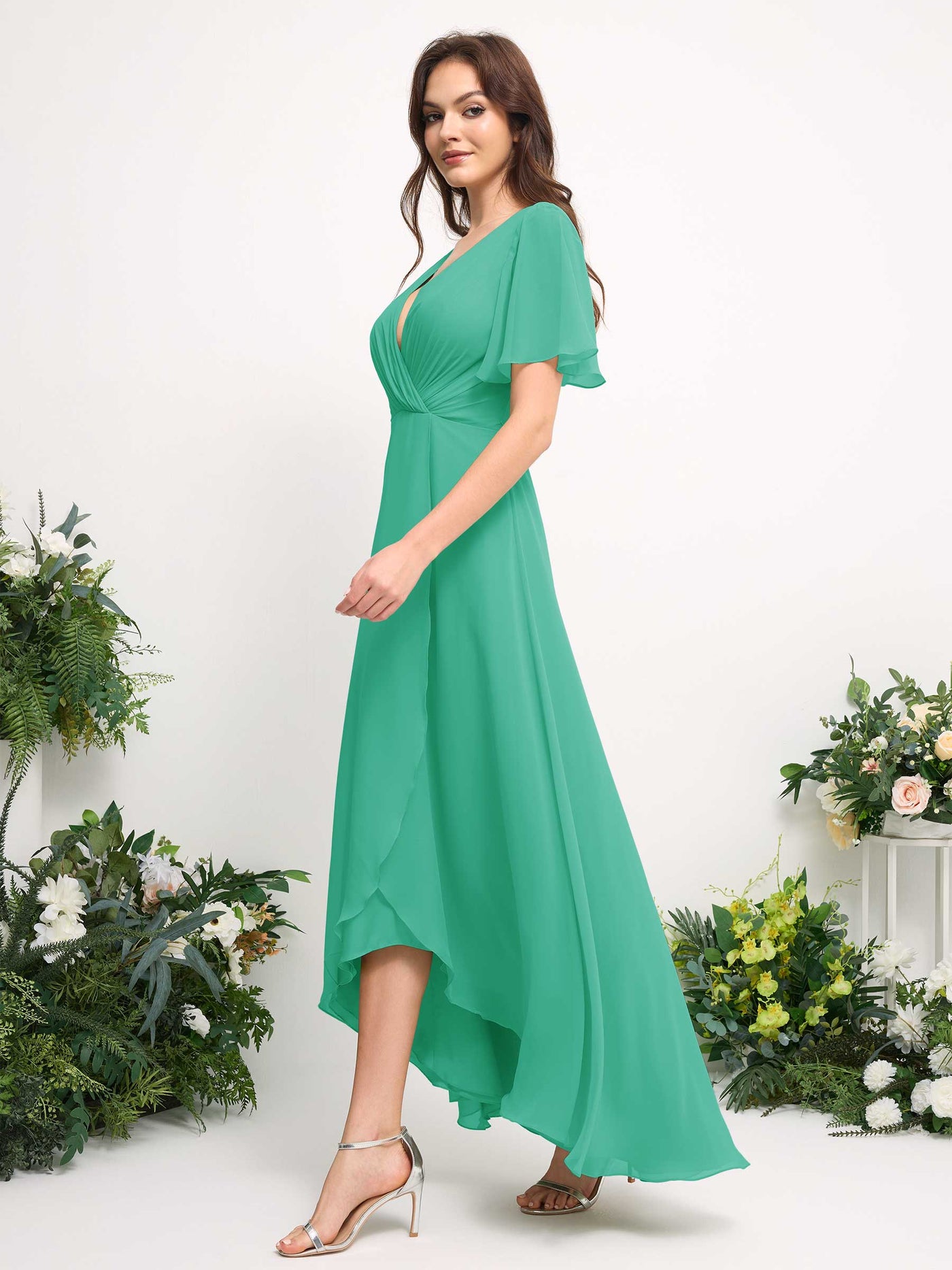 Carlyna Robe Trapèze Mousseline Col V Longueur ras du sol Robe de demoiselle d'honneur Bleu Tiffany #couleur_bleu-tiffany