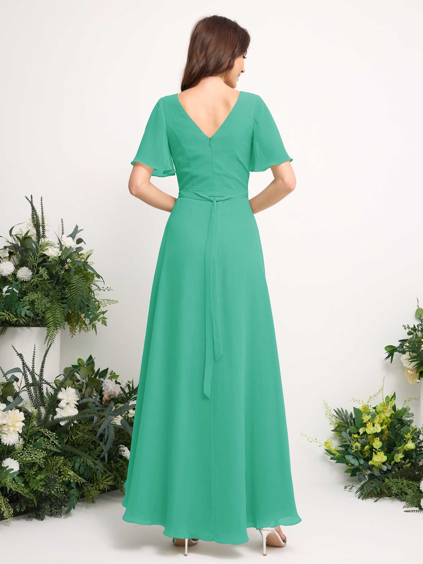 Carlyna Robe Trapèze Mousseline Col V Longueur ras du sol Robe de demoiselle d'honneur Bleu Tiffany #couleur_bleu-tiffany