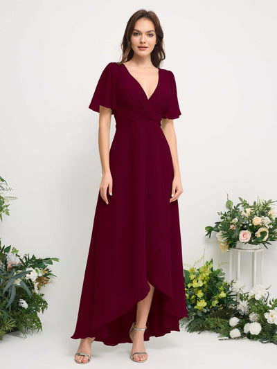 Carlyna Robe Trapèze Mousseline Col V Longueur ras du sol Robe de demoiselle d'honneur Bordeaux #couleur_bordeaux