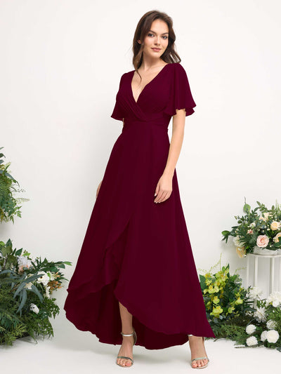 Carlyna Robe Trapèze Mousseline Col V Longueur ras du sol Robe de demoiselle d'honneur Bordeaux #couleur_bordeaux