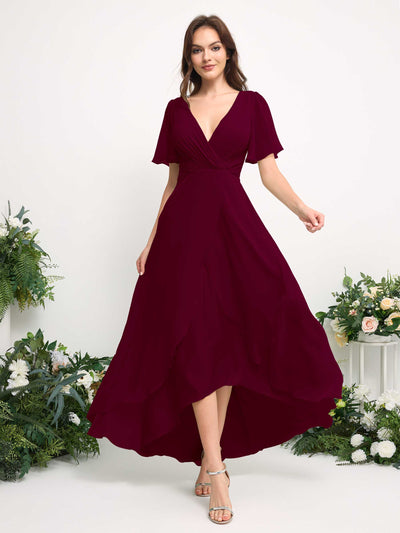Carlyna Robe Trapèze Mousseline Col V Longueur ras du sol Robe de demoiselle d'honneur Bordeaux #couleur_bordeaux