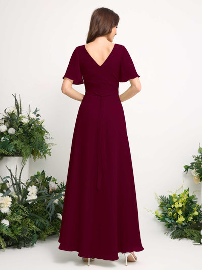 Carlyna Robe Trapèze Mousseline Col V Longueur ras du sol Robe de demoiselle d'honneur Bordeaux #couleur_bordeaux