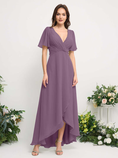 Carlyna Robe Trapèze Mousseline Col V Longueur ras du sol Robe de demoiselle d'honneur Brume Orchidée #couleur_brume-orchid-e