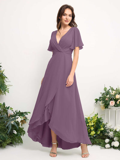 Carlyna Robe Trapèze Mousseline Col V Longueur ras du sol Robe de demoiselle d'honneur Brume Orchidée #couleur_brume-orchid-e