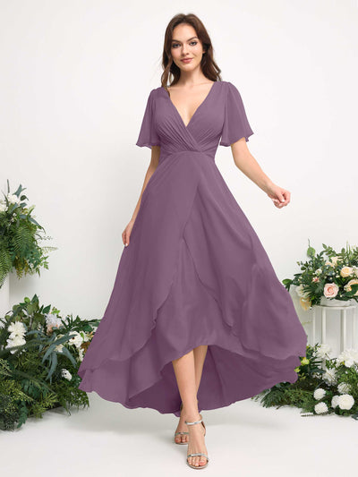 Carlyna Robe Trapèze Mousseline Col V Longueur ras du sol Robe de demoiselle d'honneur Brume Orchidée #couleur_brume-orchid-e