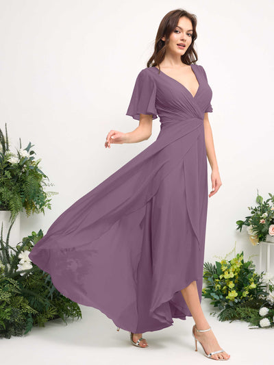 Carlyna Robe Trapèze Mousseline Col V Longueur ras du sol Robe de demoiselle d'honneur Brume Orchidée #couleur_brume-orchid-e