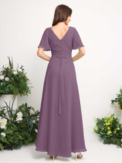 Carlyna Robe Trapèze Mousseline Col V Longueur ras du sol Robe de demoiselle d'honneur Brume Orchidée #couleur_brume-orchid-e