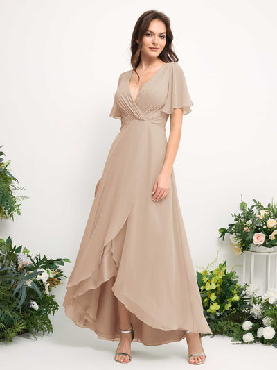 Carlyna Robe Trapèze Mousseline Col V Longueur ras du sol Robe de demoiselle d'honneur Champagne #couleur_champagne