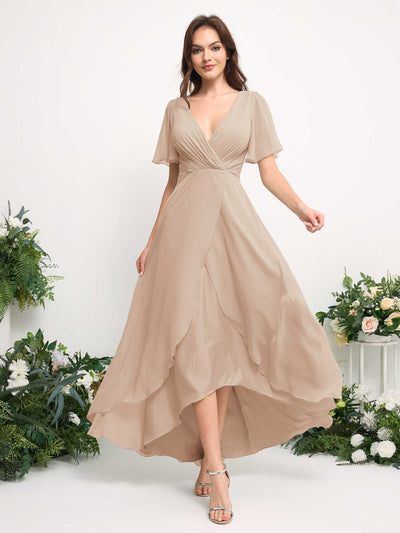 Carlyna Robe Trapèze Mousseline Col V Longueur ras du sol Robe de demoiselle d'honneur Champagne #couleur_champagne