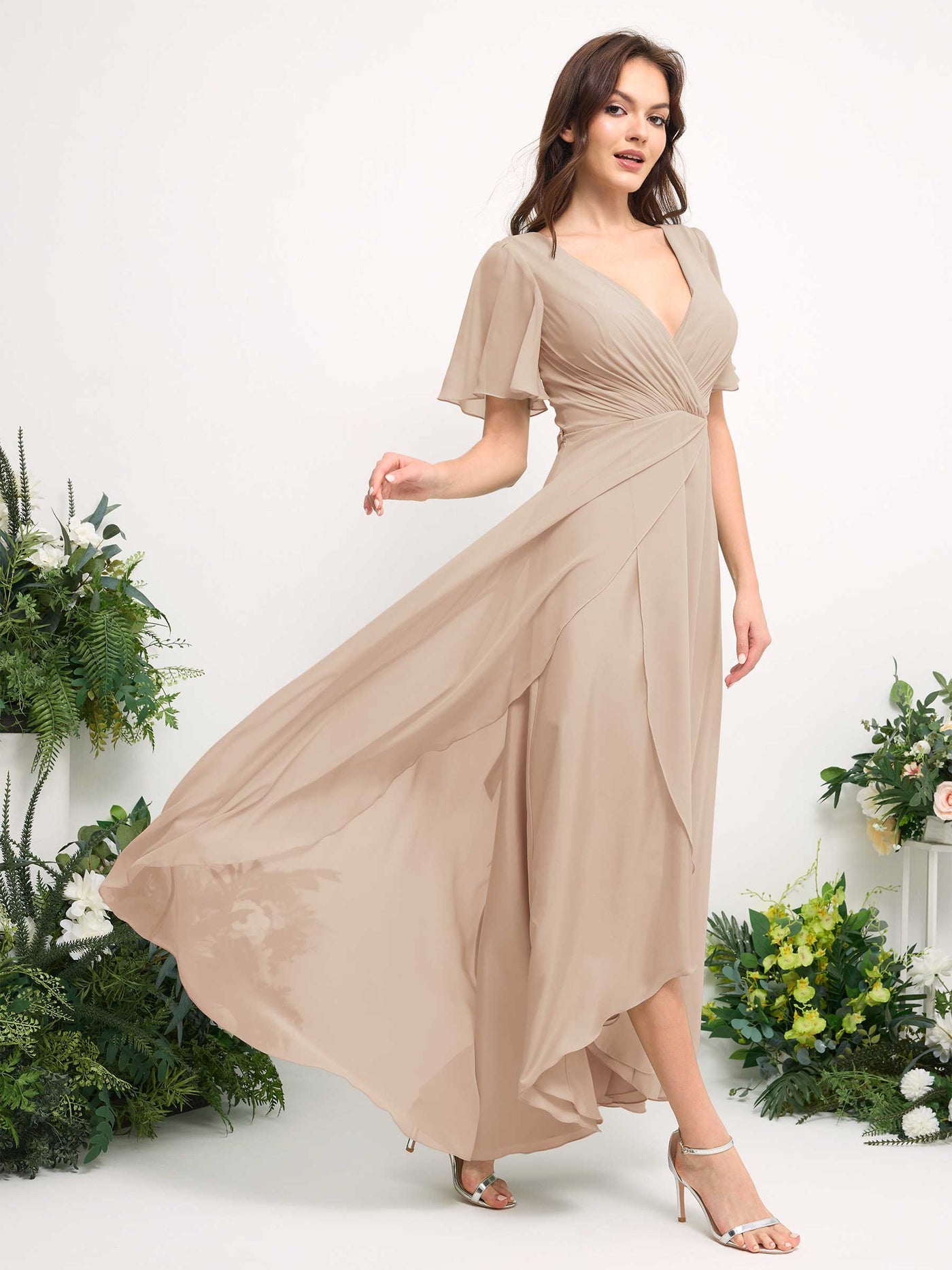 Carlyna Robe Trapèze Mousseline Col V Longueur ras du sol Robe de demoiselle d'honneur Champagne #couleur_champagne