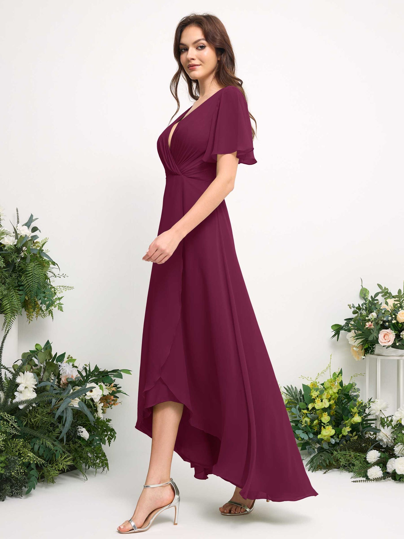 Carlyna Robe Trapèze Mousseline Col V Longueur ras du sol Robe de demoiselle d'honneur Chianti #couleur_chianti