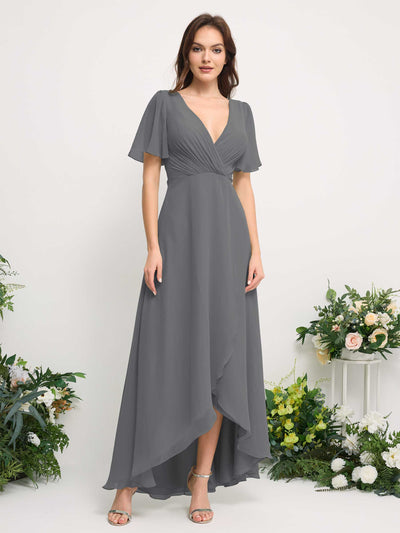 Carlyna Robe Trapèze Mousseline Col V Longueur ras du sol Robe de demoiselle d'honneur Gris Acier #couleur_gris-acier