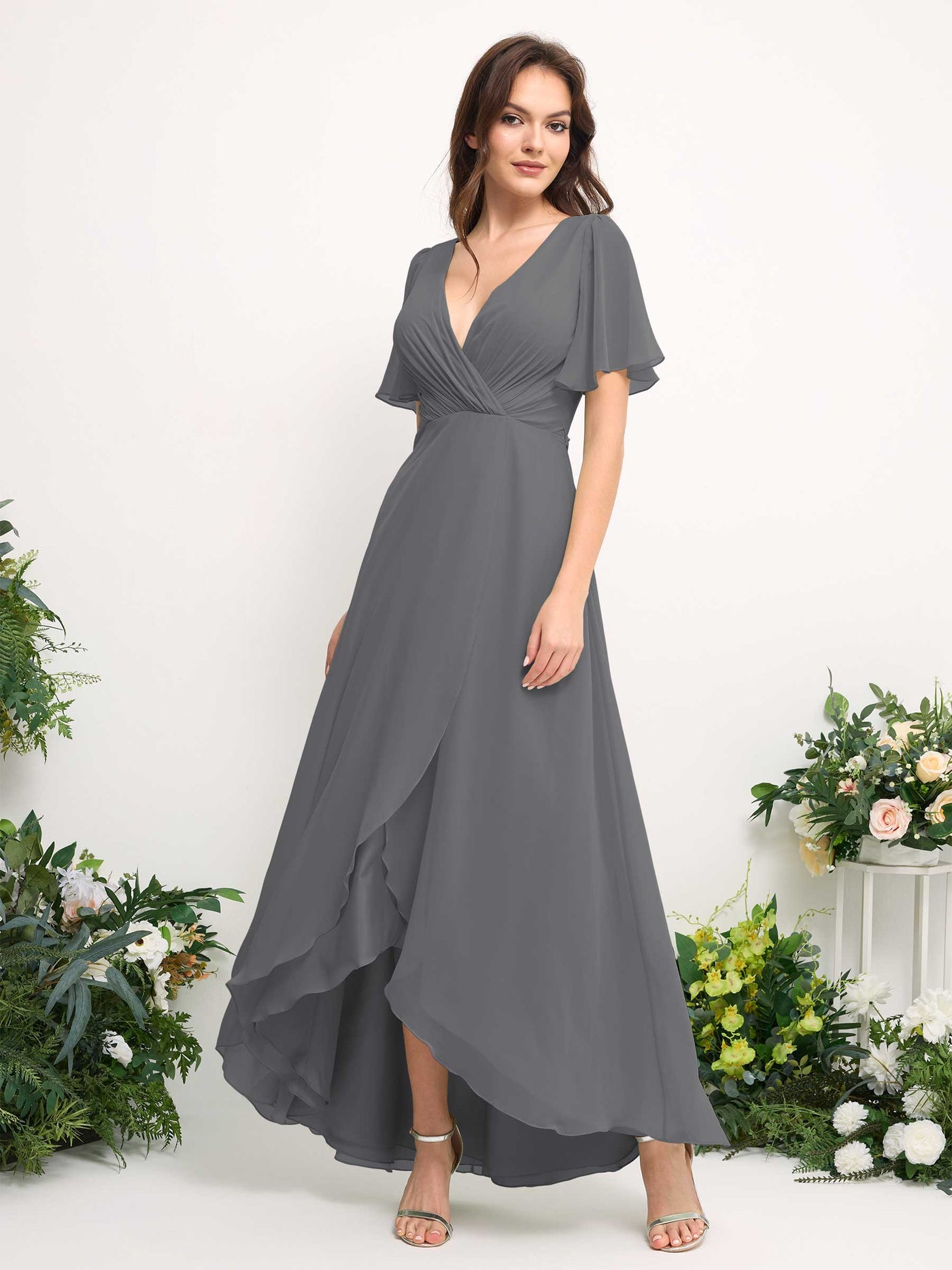 Carlyna Robe Trapèze Mousseline Col V Longueur ras du sol Robe de demoiselle d'honneur Gris Acier #couleur_gris-acier