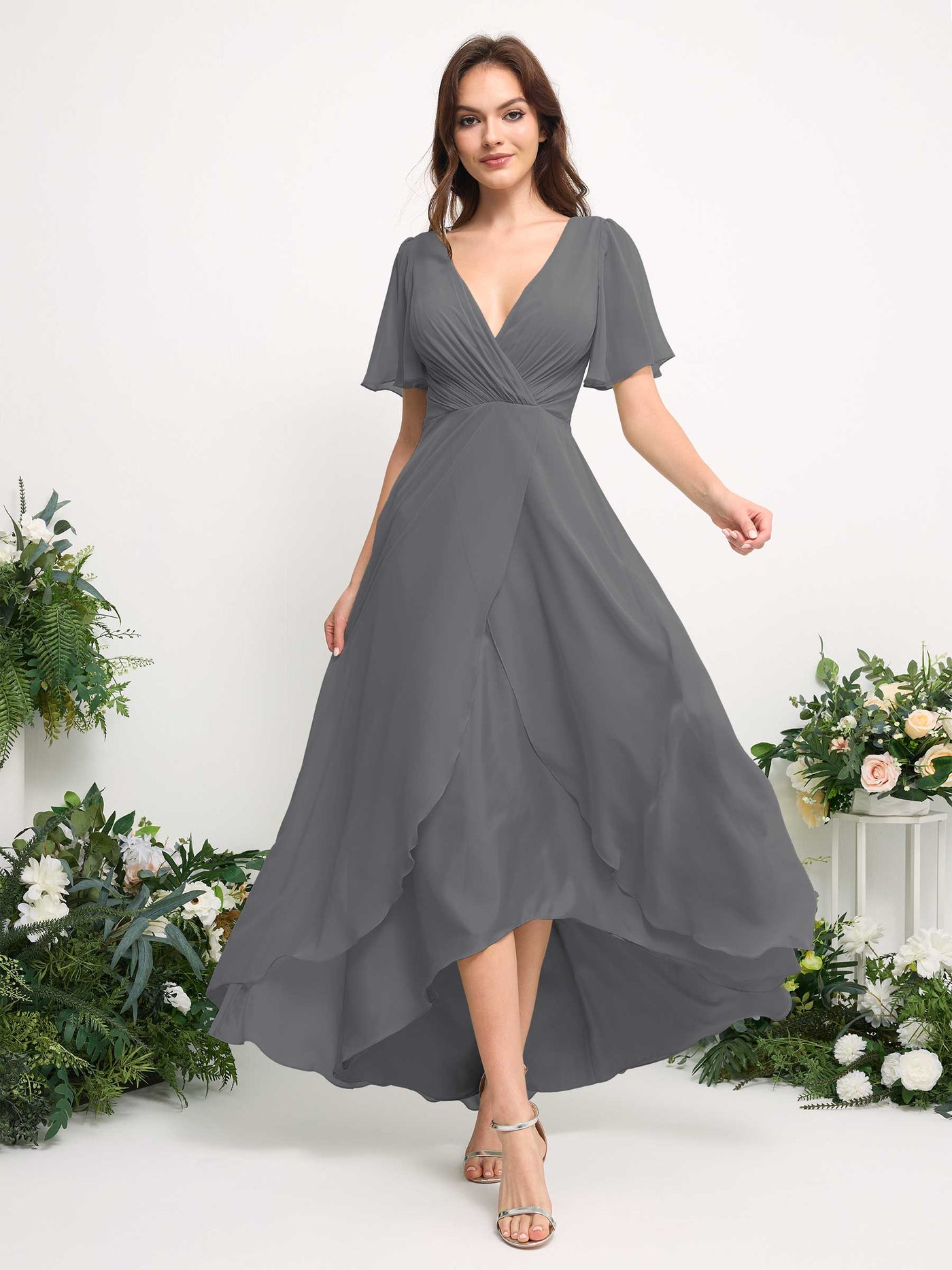 Carlyna Robe Trapèze Mousseline Col V Longueur ras du sol Robe de demoiselle d'honneur Gris Acier #couleur_gris-acier