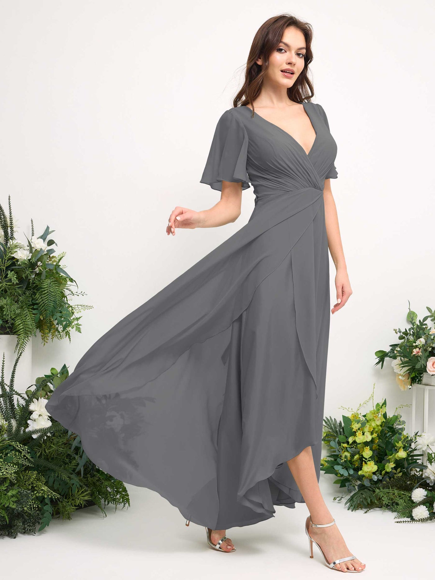 Carlyna Robe Trapèze Mousseline Col V Longueur ras du sol Robe de demoiselle d'honneur Gris Acier #couleur_gris-acier