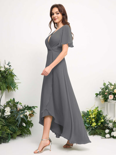 Carlyna Robe Trapèze Mousseline Col V Longueur ras du sol Robe de demoiselle d'honneur Gris Acier #couleur_gris-acier