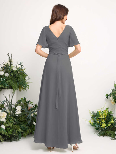 Carlyna Robe Trapèze Mousseline Col V Longueur ras du sol Robe de demoiselle d'honneur Gris Acier #couleur_gris-acier