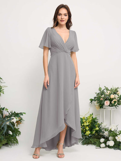 Carlyna Robe Trapèze Mousseline Col V Longueur ras du sol Robe de demoiselle d'honneur Gris Boussole #couleur_gris-boussole