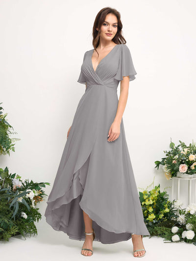 Carlyna Robe Trapèze Mousseline Col V Longueur ras du sol Robe de demoiselle d'honneur Gris Boussole #couleur_gris-boussole