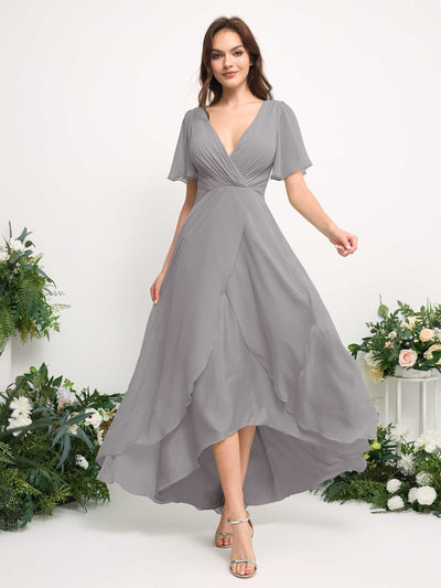 Carlyna Robe Trapèze Mousseline Col V Longueur ras du sol Robe de demoiselle d'honneur Gris Boussole #couleur_gris-boussole