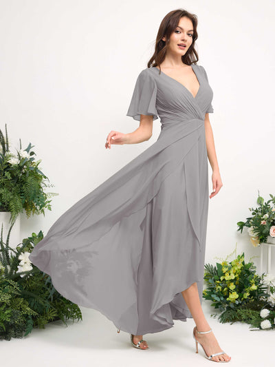 Carlyna Robe Trapèze Mousseline Col V Longueur ras du sol Robe de demoiselle d'honneur Gris Boussole #couleur_gris-boussole