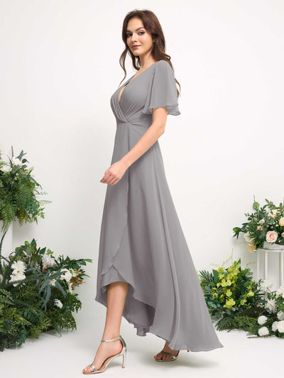 Carlyna Robe Trapèze Mousseline Col V Longueur ras du sol Robe de demoiselle d'honneur Gris Boussole #couleur_gris-boussole