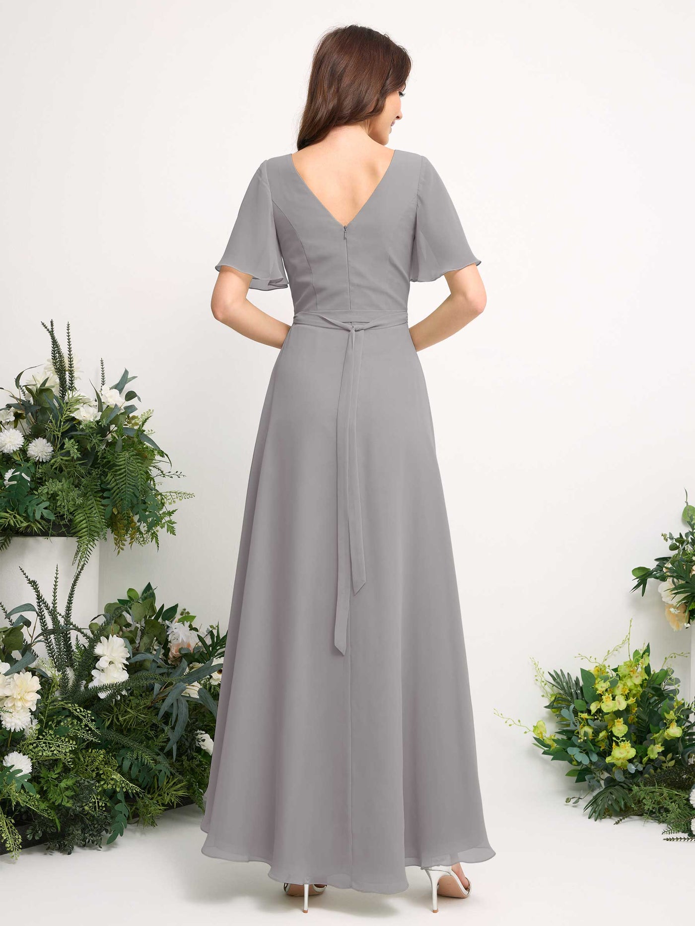Carlyna Robe Trapèze Mousseline Col V Longueur ras du sol Robe de demoiselle d'honneur Gris Boussole #couleur_gris-boussole