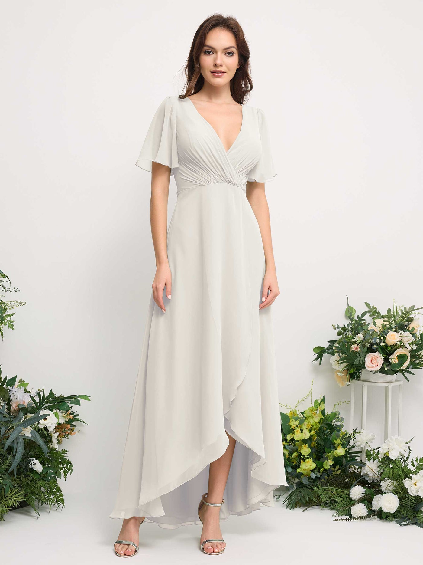 Carlyna Robe Trapèze Mousseline Col V Longueur ras du sol Robe de demoiselle d'honneur Ivoire #couleur_ivoire