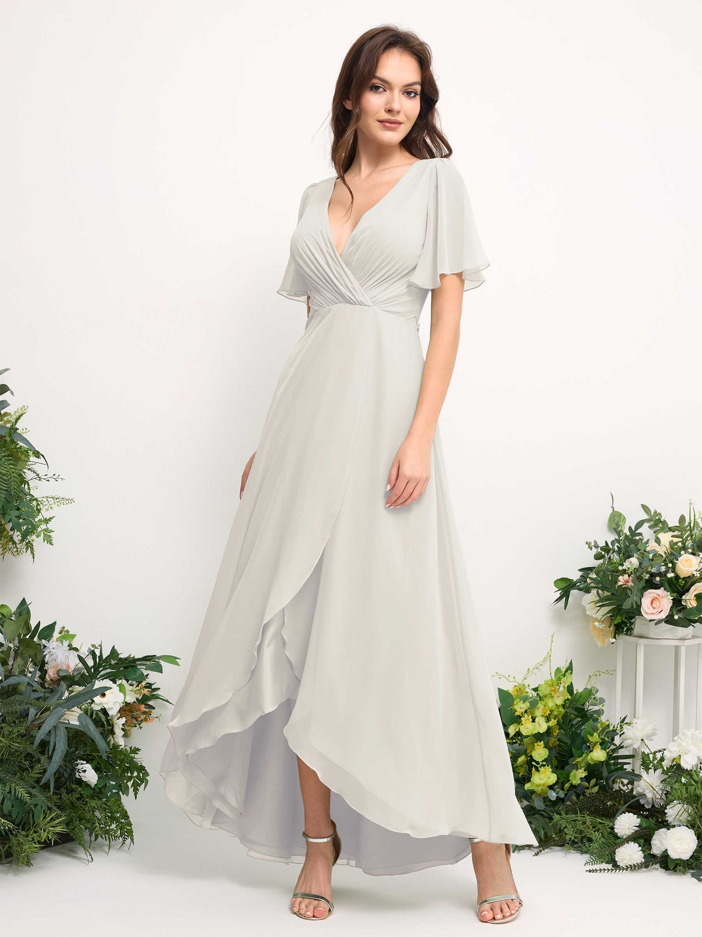 Carlyna Robe Trapèze Mousseline Col V Longueur ras du sol Robe de demoiselle d'honneur Ivoire #couleur_ivoire