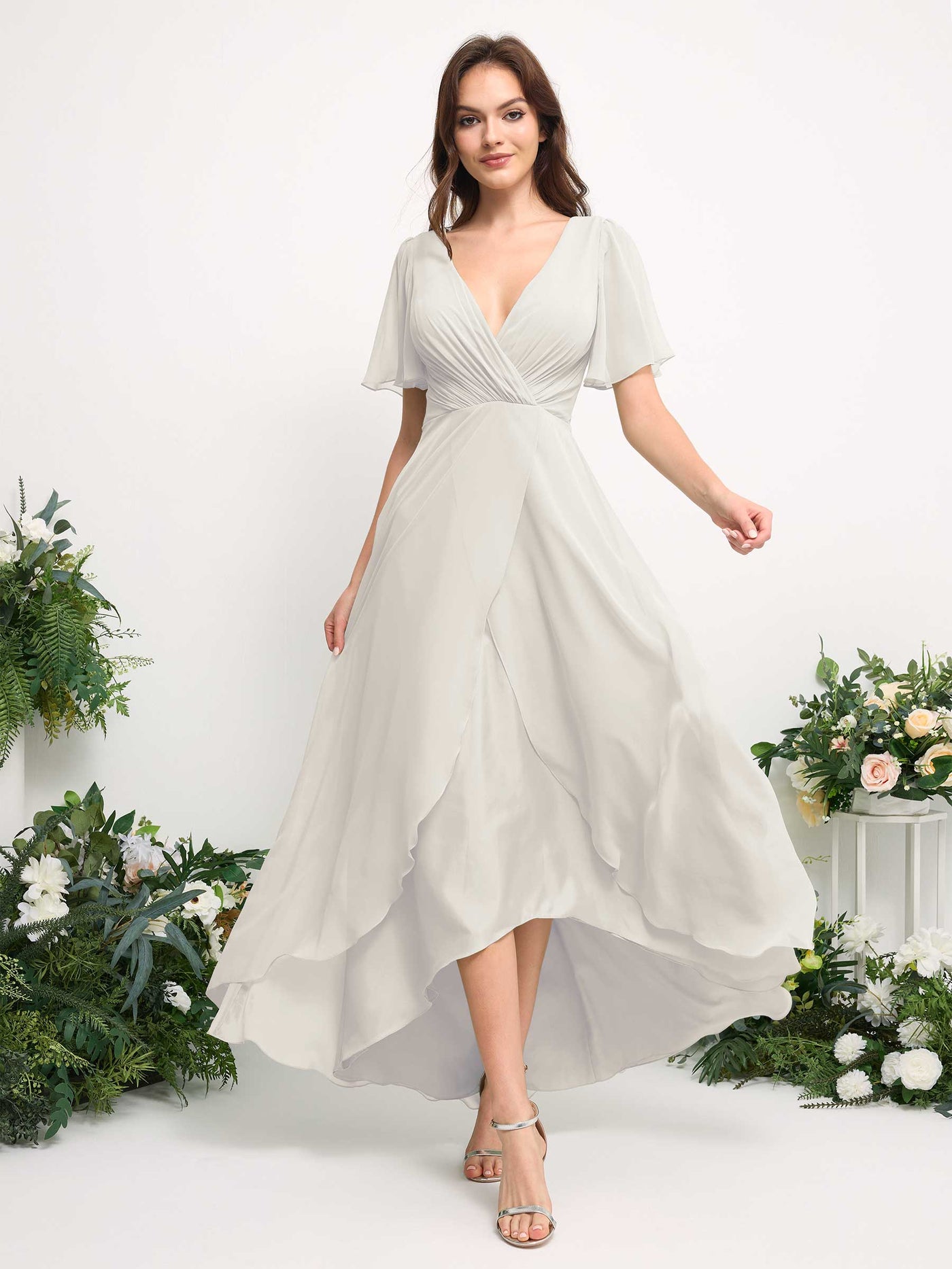 Carlyna Robe Trapèze Mousseline Col V Longueur ras du sol Robe de demoiselle d'honneur Ivoire #couleur_ivoire
