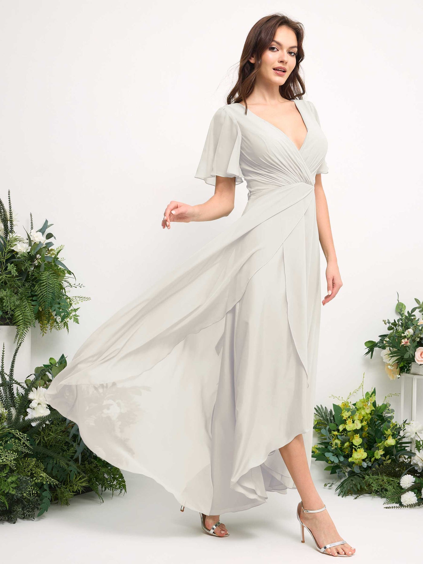 Carlyna Robe Trapèze Mousseline Col V Longueur ras du sol Robe de demoiselle d'honneur Ivoire #couleur_ivoire