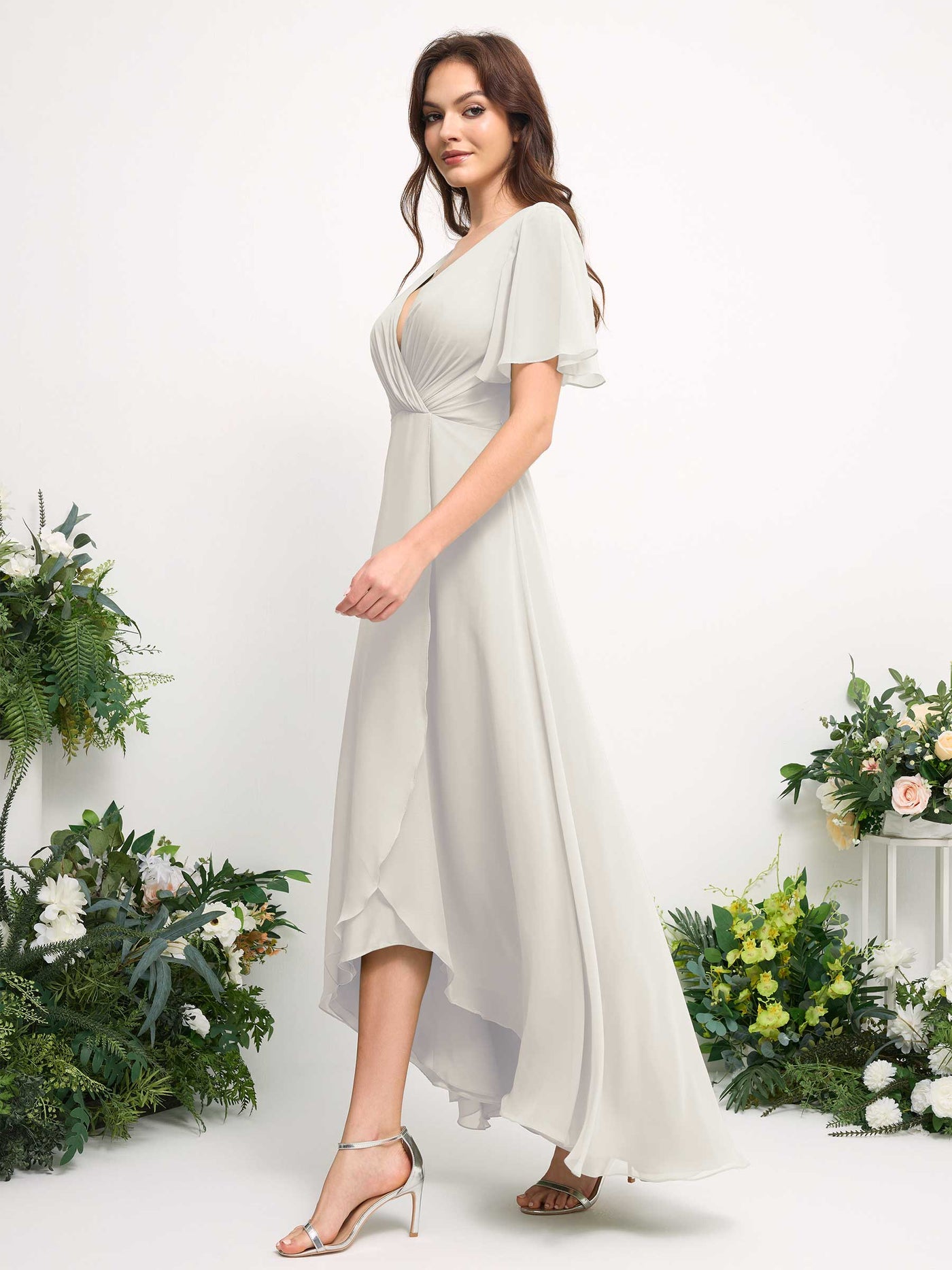 Carlyna Robe Trapèze Mousseline Col V Longueur ras du sol Robe de demoiselle d'honneur Ivoire #couleur_ivoire