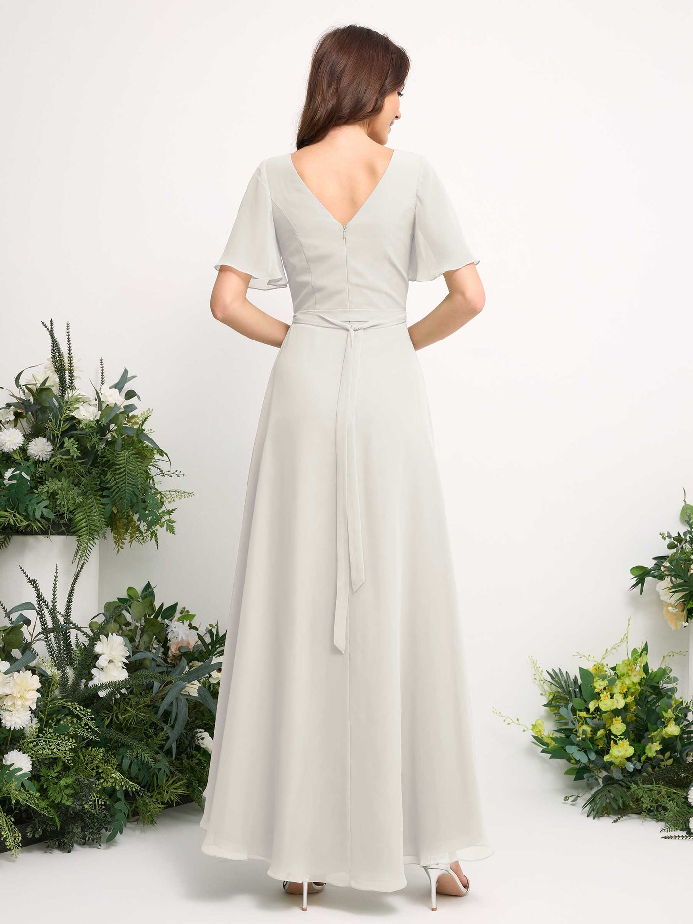 Carlyna Robe Trapèze Mousseline Col V Longueur ras du sol Robe de demoiselle d'honneur Ivoire #couleur_ivoire