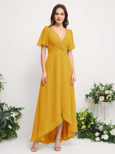 Carlyna Robe Trapèze Mousseline Col V Longueur ras du sol Robe de demoiselle d'honneur Jaune Moutard #couleur_jaune-moutard
