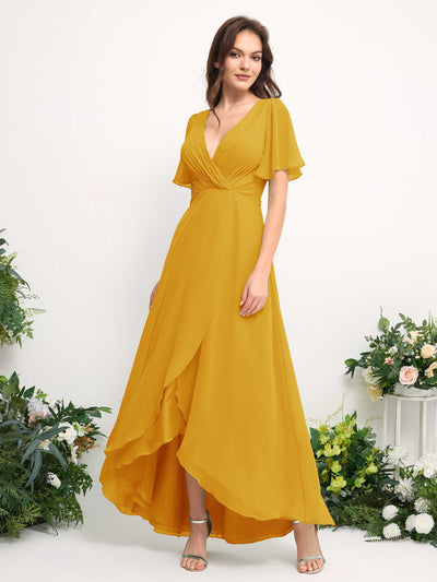 Carlyna Robe Trapèze Mousseline Col V Longueur ras du sol Robe de demoiselle d'honneur Jaune Moutard #couleur_jaune-moutard