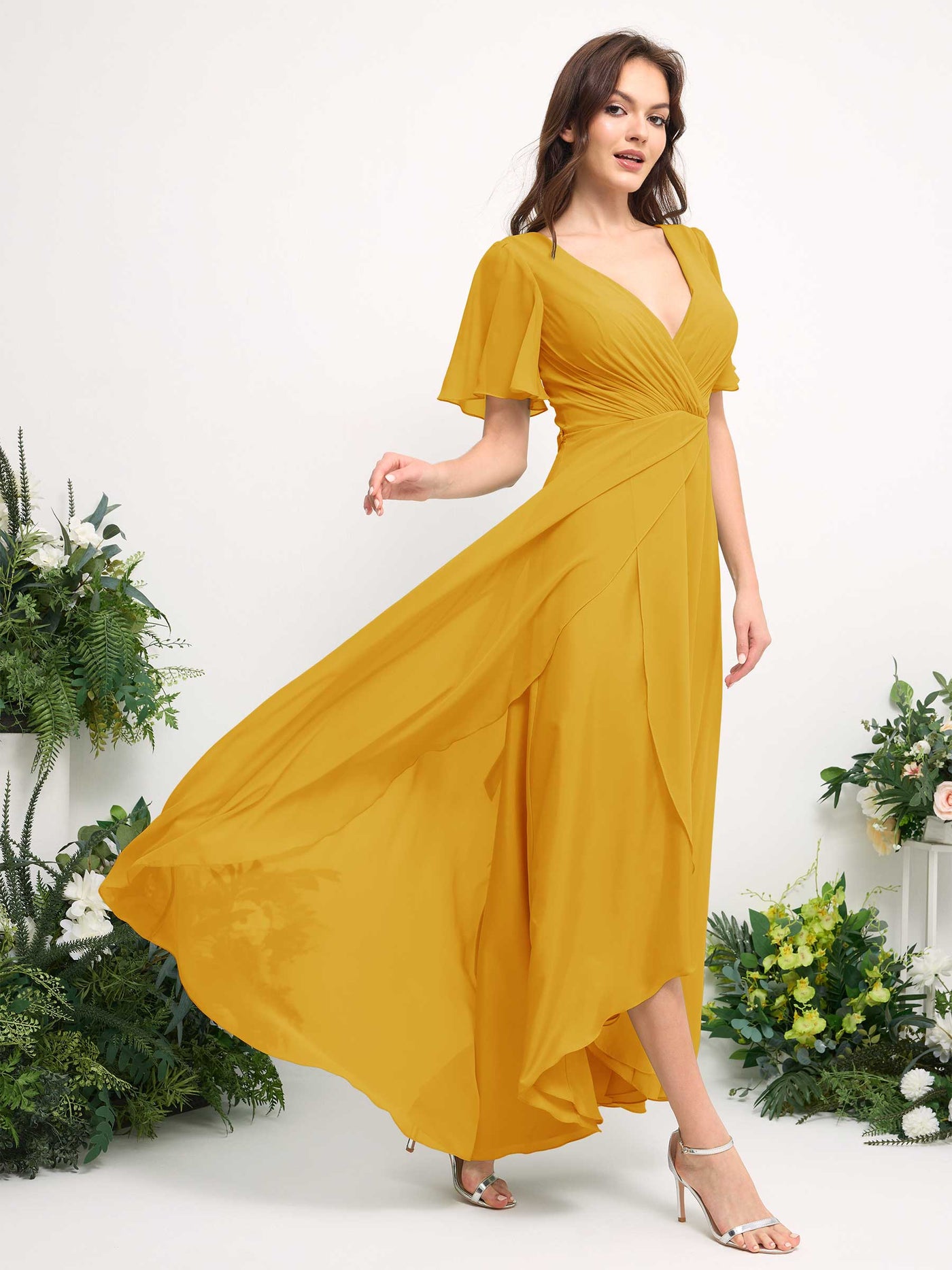 Carlyna Robe Trapèze Mousseline Col V Longueur ras du sol Robe de demoiselle d'honneur Jaune Moutard #couleur_jaune-moutard