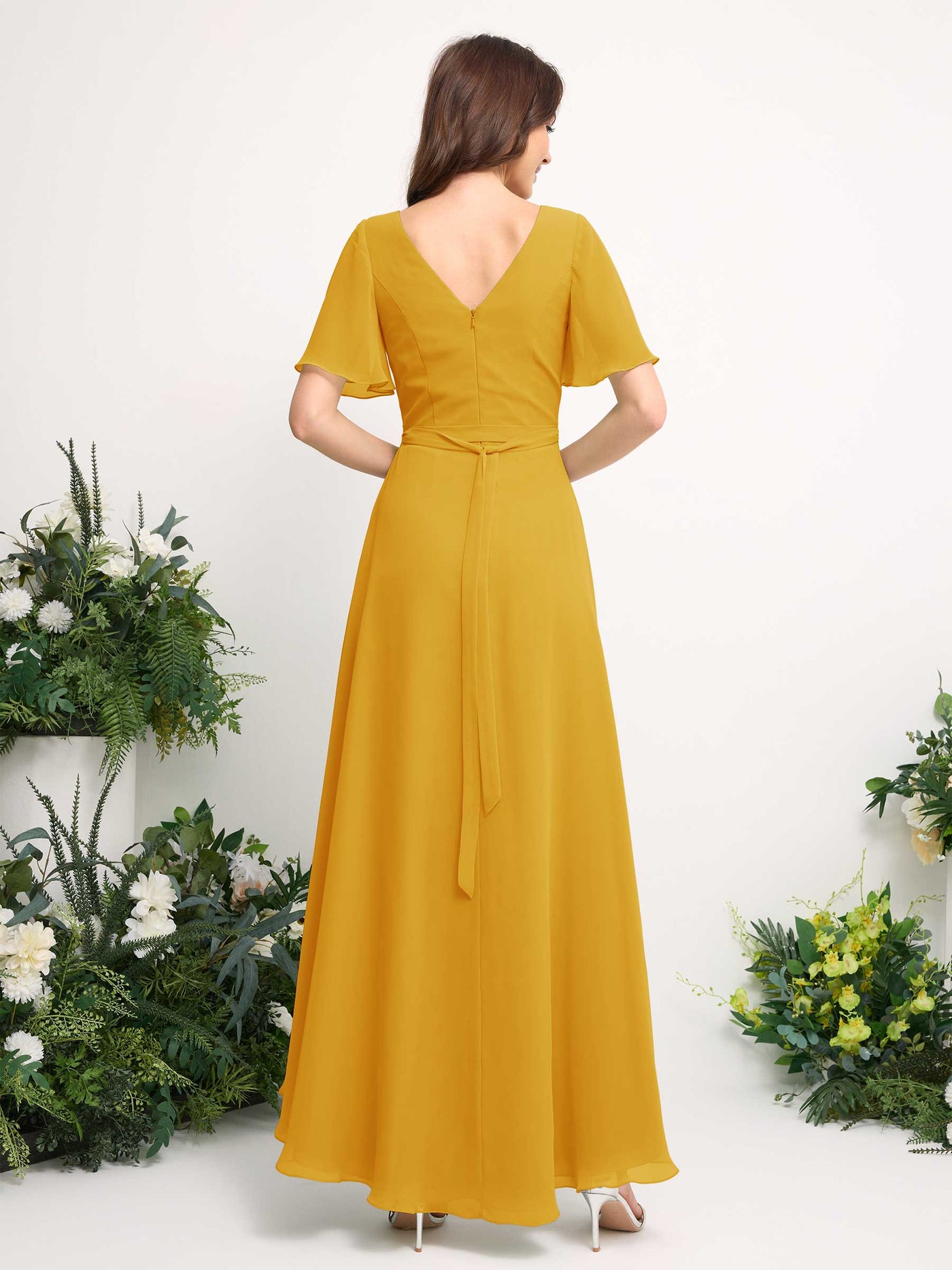 Carlyna Robe Trapèze Mousseline Col V Longueur ras du sol Robe de demoiselle d'honneur Jaune Moutard #couleur_jaune-moutard