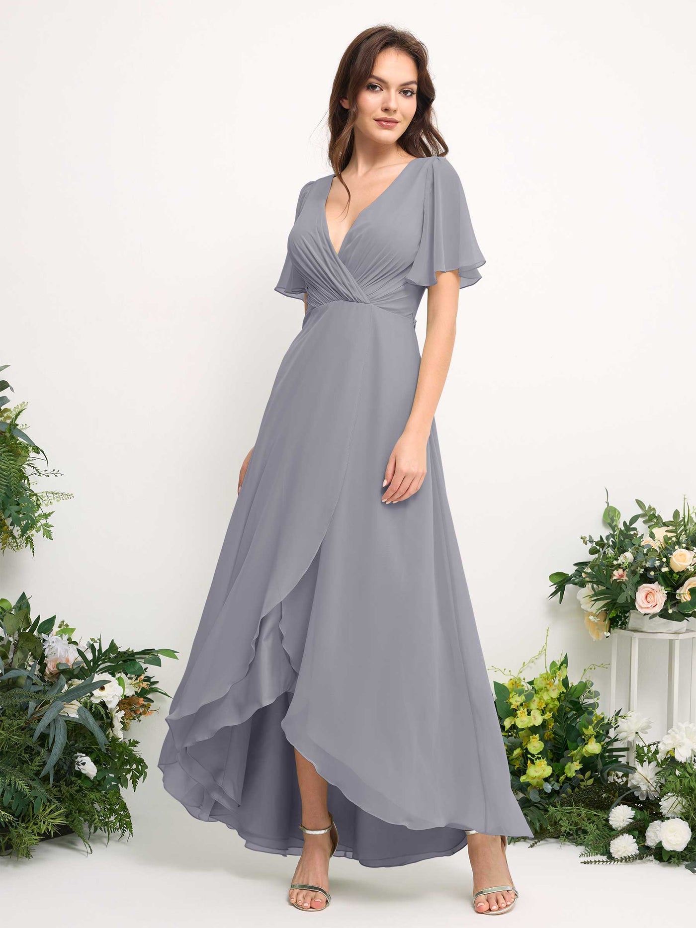 Carlyna Robe Trapèze Mousseline Col V Longueur ras du sol Robe de demoiselle d'honneur Lavande Poudrée #couleur_lavande-poudr-e