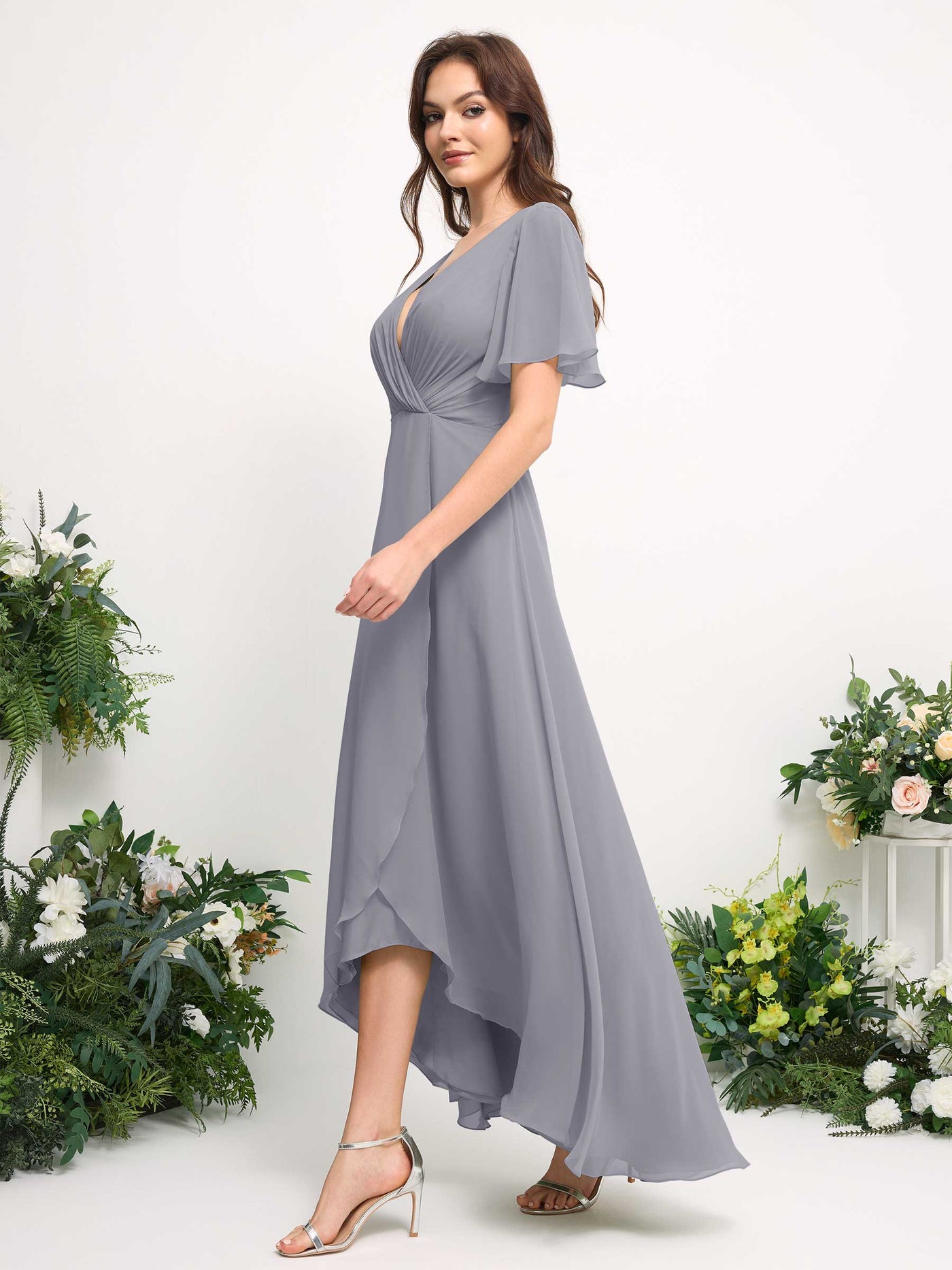 Carlyna Robe Trapèze Mousseline Col V Longueur ras du sol Robe de demoiselle d'honneur Lavande Poudrée #couleur_lavande-poudr-e