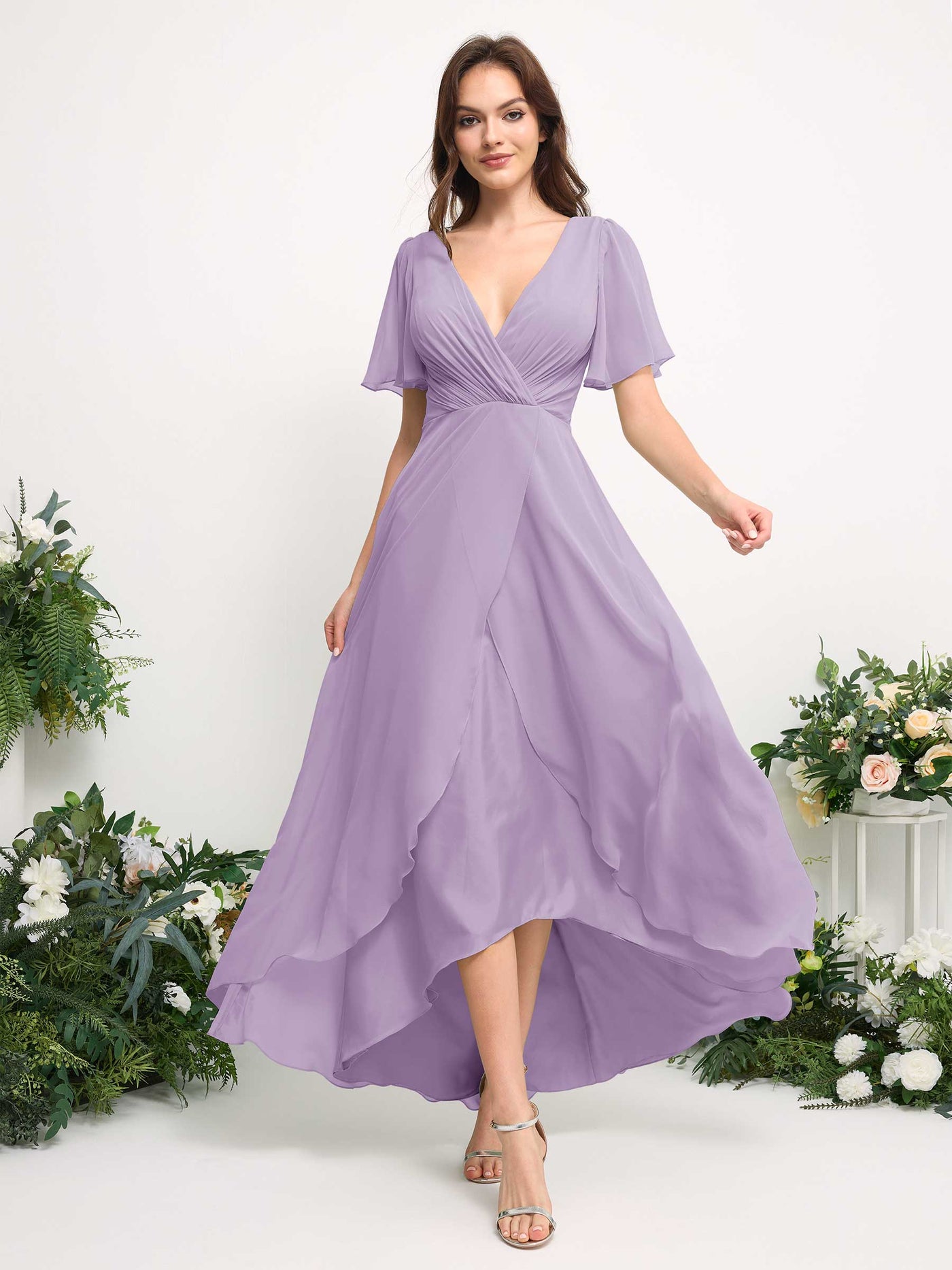 Carlyna Robe Trapèze Mousseline Col V Longueur ras du sol Robe de demoiselle d'honneur Lilas #couleur_lilas