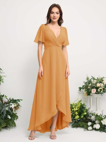 Carlyna Robe Trapèze Mousseline Col V Longueur ras du sol Robe de demoiselle d'honneur Mangue #couleur_mangue