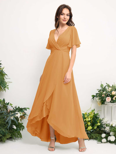 Carlyna Robe Trapèze Mousseline Col V Longueur ras du sol Robe de demoiselle d'honneur Mangue #couleur_mangue