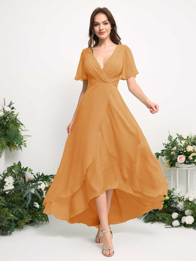Carlyna Robe Trapèze Mousseline Col V Longueur ras du sol Robe de demoiselle d'honneur Mangue #couleur_mangue