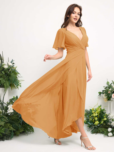 Carlyna Robe Trapèze Mousseline Col V Longueur ras du sol Robe de demoiselle d'honneur Mangue #couleur_mangue