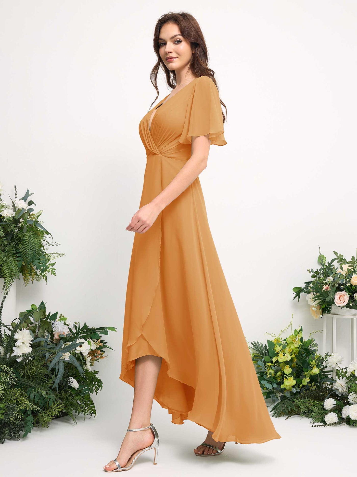 Carlyna Robe Trapèze Mousseline Col V Longueur ras du sol Robe de demoiselle d'honneur Mangue #couleur_mangue