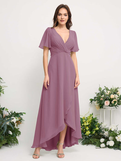 Carlyna Robe Trapèze Mousseline Col V Longueur ras du sol Robe de demoiselle d'honneur Mauve Vintage #couleur_mauve-vintage
