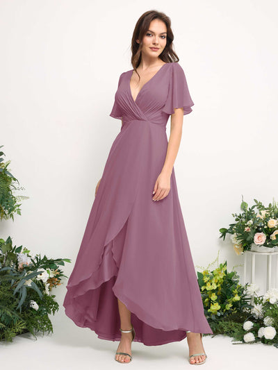 Carlyna Robe Trapèze Mousseline Col V Longueur ras du sol Robe de demoiselle d'honneur Mauve Vintage #couleur_mauve-vintage