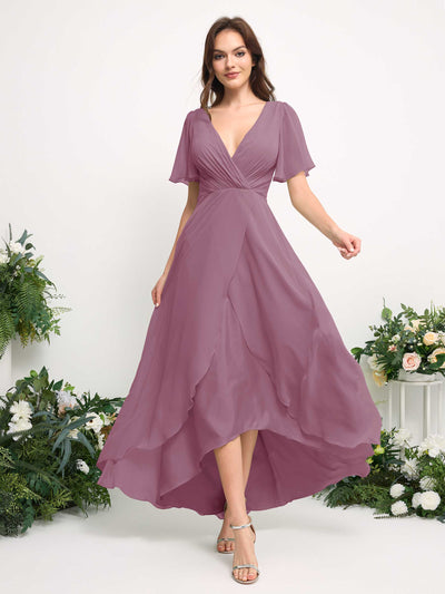 Carlyna Robe Trapèze Mousseline Col V Longueur ras du sol Robe de demoiselle d'honneur Mauve Vintage #couleur_mauve-vintage