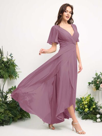 Carlyna Robe Trapèze Mousseline Col V Longueur ras du sol Robe de demoiselle d'honneur Mauve Vintage #couleur_mauve-vintage